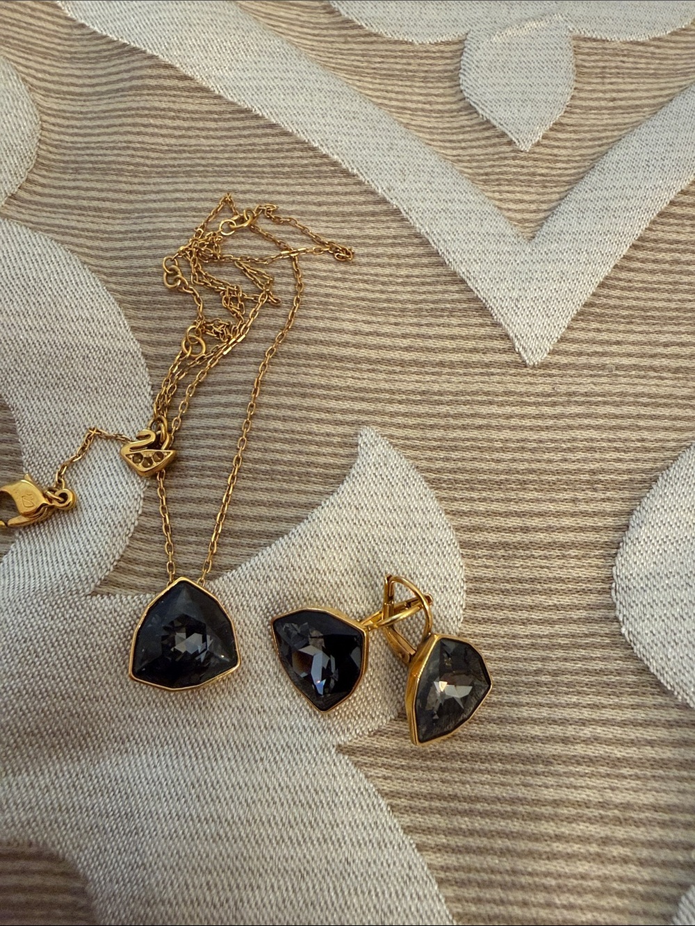 Swarovski Gold-Tone Necklace and Earring Set with Black Faceted Stones